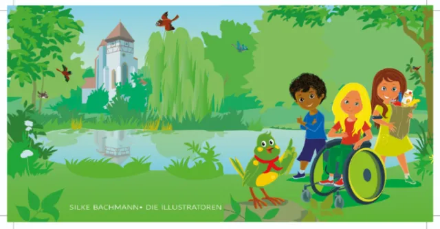 Children and frog by a castle pond in a bright green landscape by Silke Bachmann