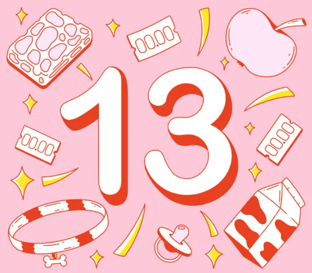 Illustration of number 13 surrounded by baby items by Veronika Kiriyenko