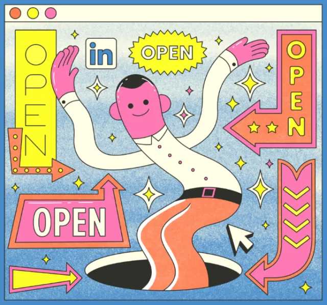 Colorful illustration showing a character and multiple open signs with LinkedIn logo by Veronika Kir
