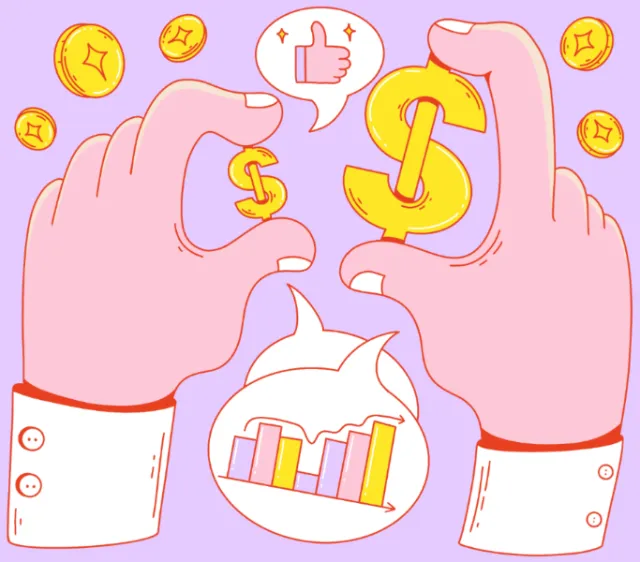 Hands showing dollar signs and bar chart in speech bubbles by Veronika Kiriyenko