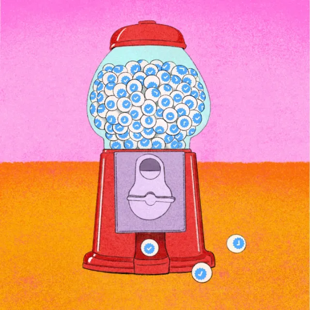 Red gumball machine filled with blue eyeballs on colorful background by Debs Lim