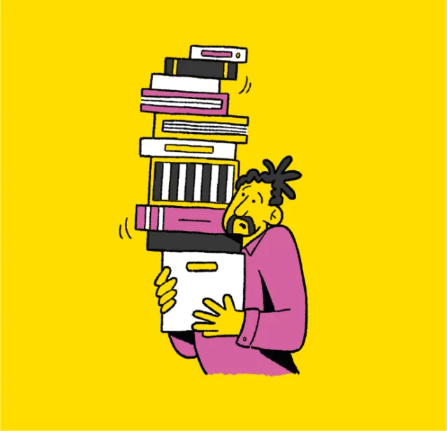Person carrying a tall stack of books and boxes by Paperface