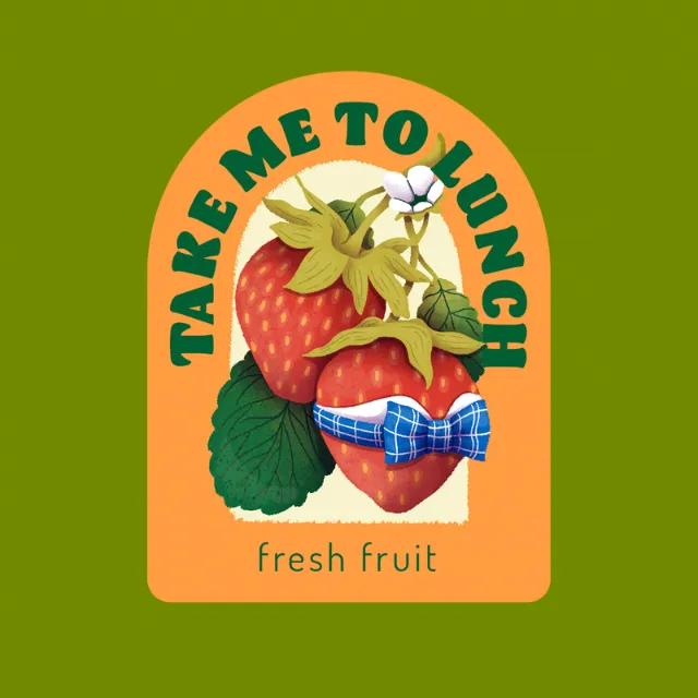 Strawberries illustration with one wearing a blue face mask by Luiza Laffitte
