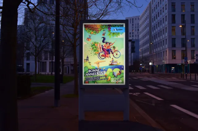 Advertisement billboard at city bus stop illuminated at twilight by Luiza Laffitte