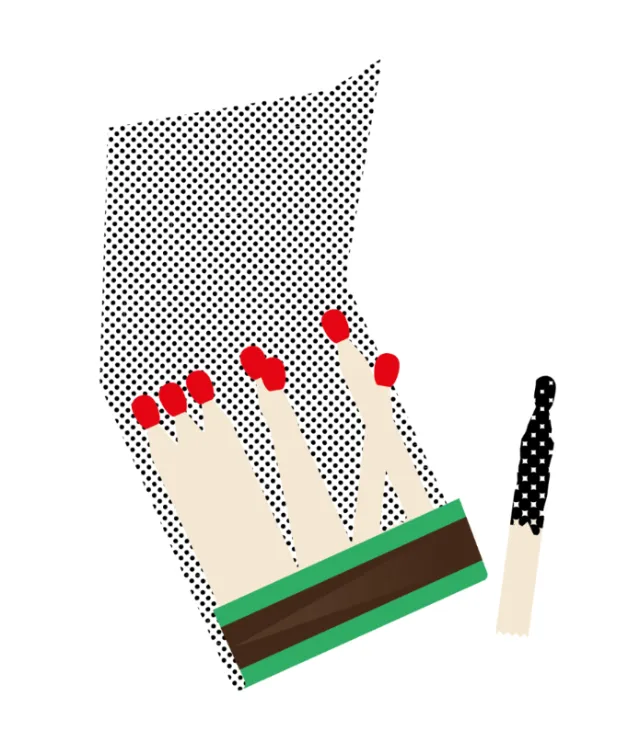 Illustration of matches with red tips and one burned match by Tobias Wandres