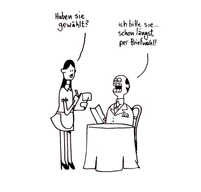 Cartoon of a person asking if someone voted, with firewall joke by Sebastian Iwohn