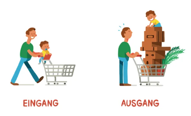 Illustration of parent and child shopping, entering empty cart and leaving full, by Sebastian Iwohn