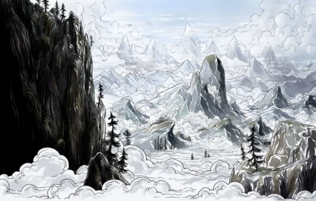 Mountain landscape with mist, pine trees, and rocky peaks by Rino Pelli