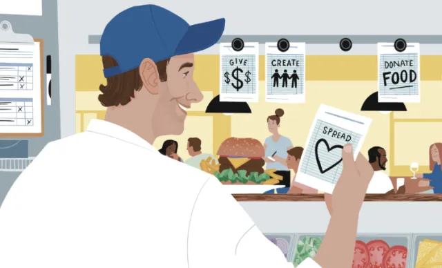 Man at restaurant counter holding cards about giving and donating by Drew Bardana