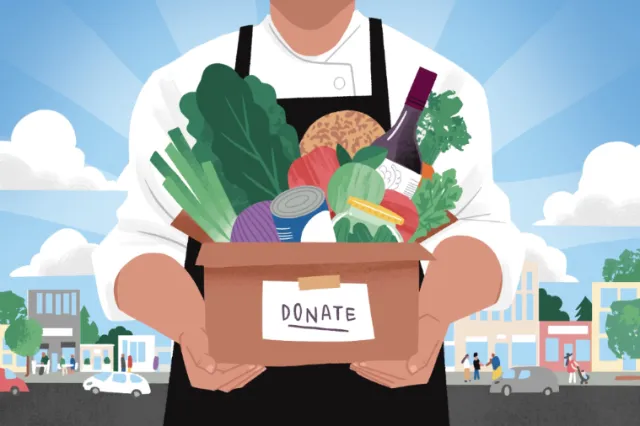 Illustration of person holding a box of donated food and groceries, by Drew Bardana
