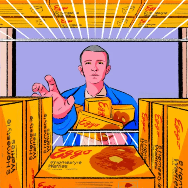 Illustration of Eleven reaching for Eggo waffles, artwork by Heedayah Lockman