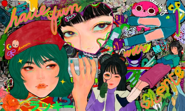 Pop art style faces with graffiti and vibrant colors by Koalanov