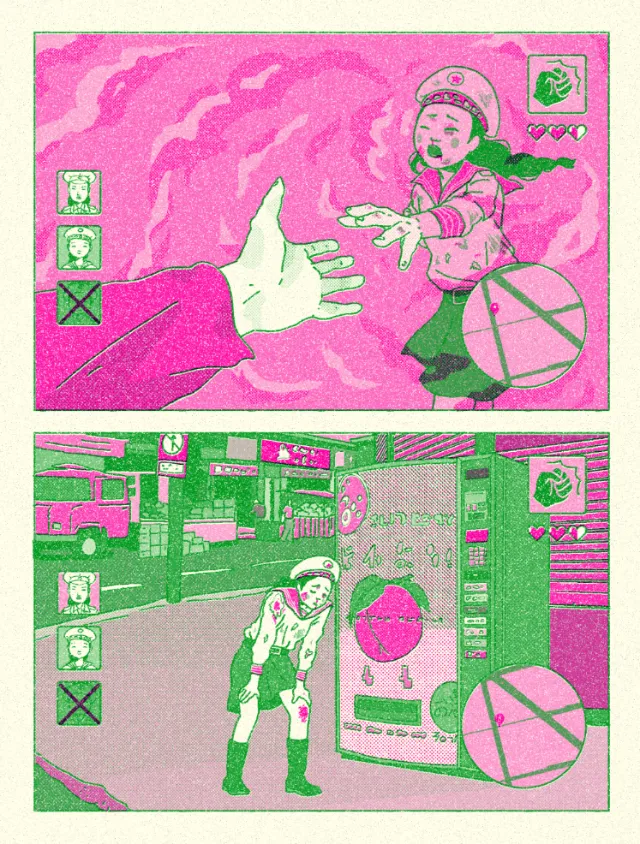 Comic artwork showing a woman and large hands in pink and green tones by Ing Lee