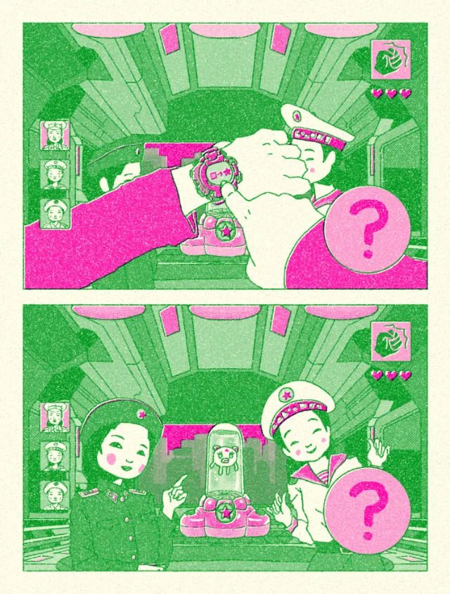 Two comic panels with characters interacting and question marks by Ing Lee