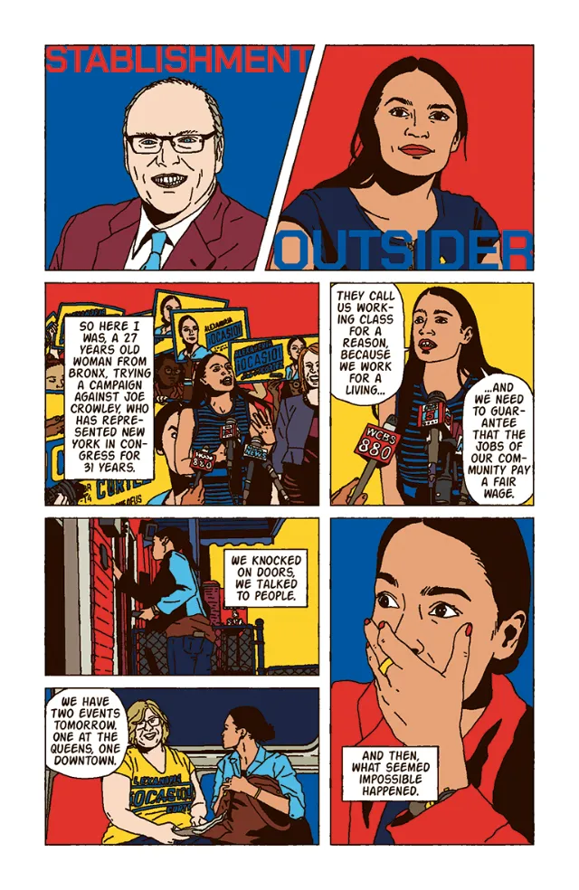 Comic panel showing Alexandria Ocasio-Cortez and others by Ing Lee