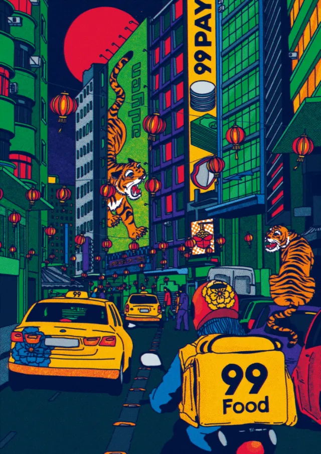 Tigers roam city streets with neon lights and lanterns by Ing Lee