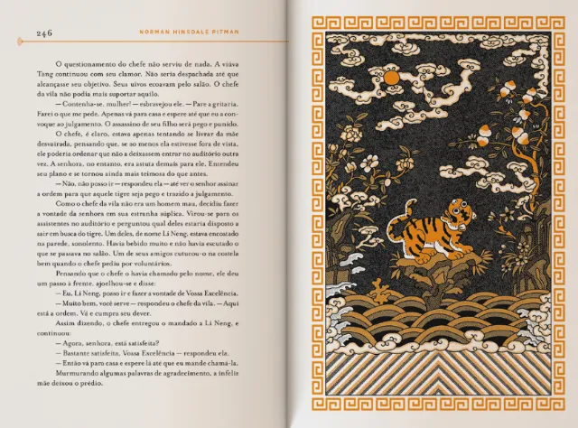 Book page with text and detailed gold and black Asian-style illustration by Ing Lee