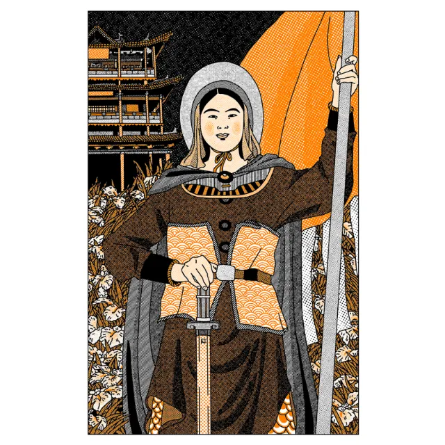 Illustration of a warrior woman holding a sword and banner by Ing Lee