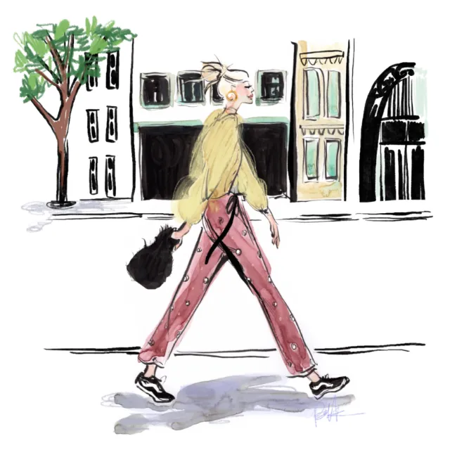 Woman walking on city street carrying guitar case, illustration by Briana Kranz