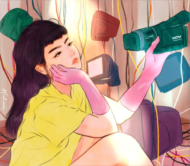 Woman in yellow shirt holding a vintage camcorder, digital artwork by Koalanov
