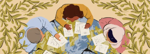 Illustration of people collaborating on Green New Deal documents by Heedayah Lockman