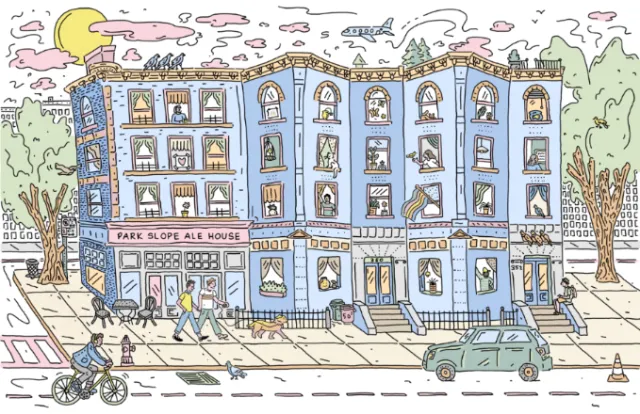 Seek & find an illustration of a street scene in Brooklyn, NY