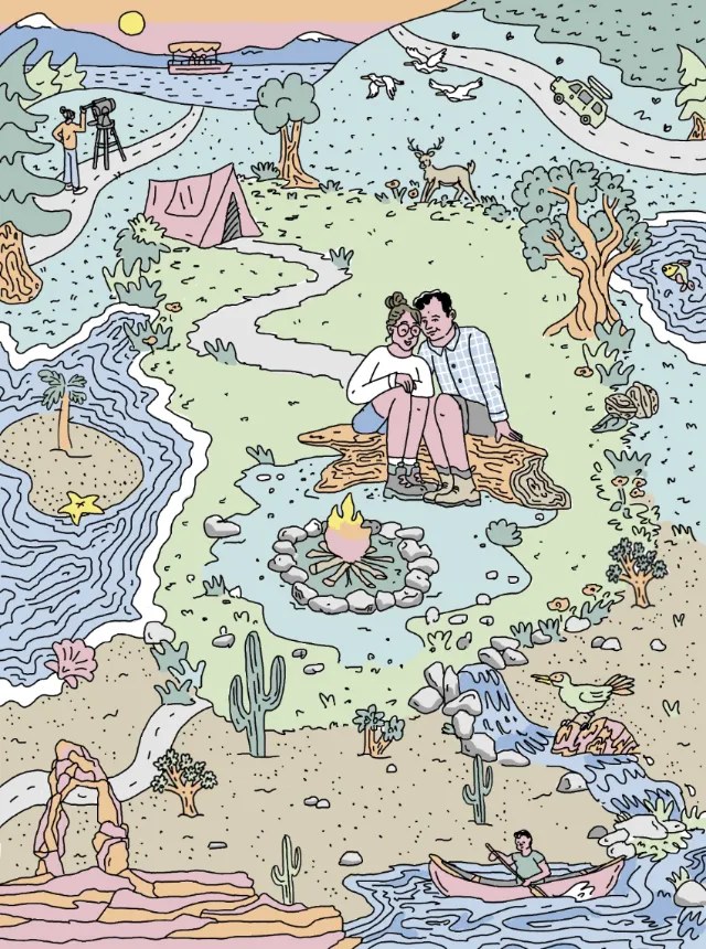 Line and colour drawing of a couple camping