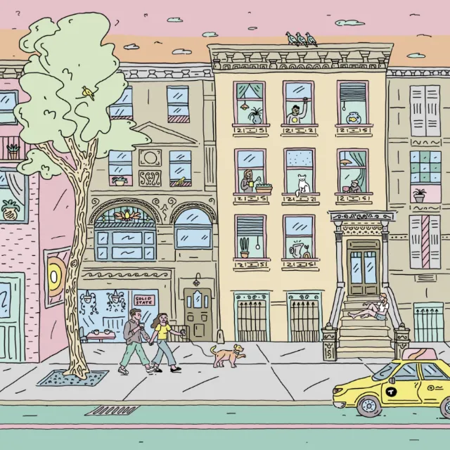 Artwork of walking along West 71st Street, NYC
