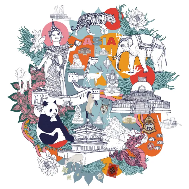 Colorful Asian cultural symbols and animals illustration by Tobias Göbel