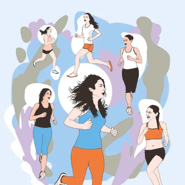 Five women running in colorful sportswear illustration by Tobias Göbel