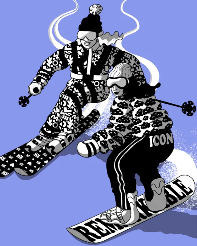Two people skiing and snowboarding in winter clothing by Rachel Winter
