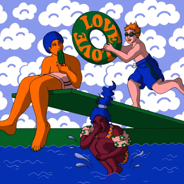 Three people having fun by the pool with a life saver ring by Rachel Winter
