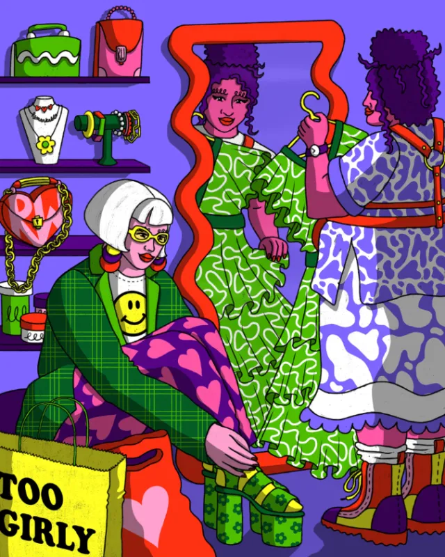 Colorful illustration of women shopping for clothes and accessories by Rachel Winter
