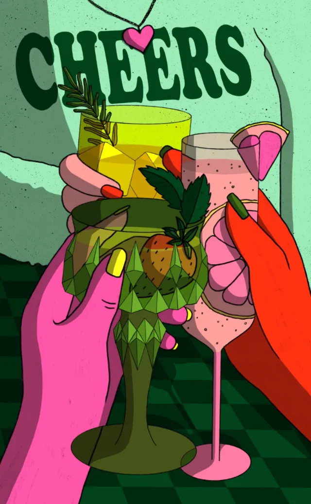 Illustration of colorful hands holding cocktails with cheers text by Rachel Winter