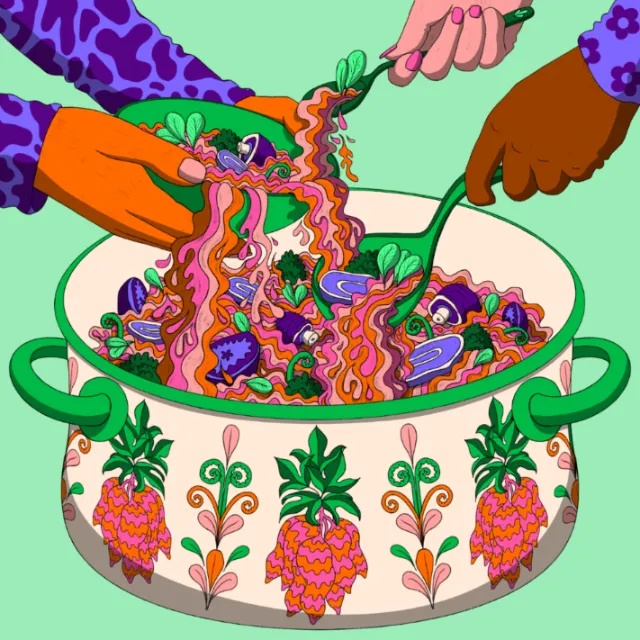 Hands stirring noodles in a colorful pineapple-patterned pot by Rachel Winter
