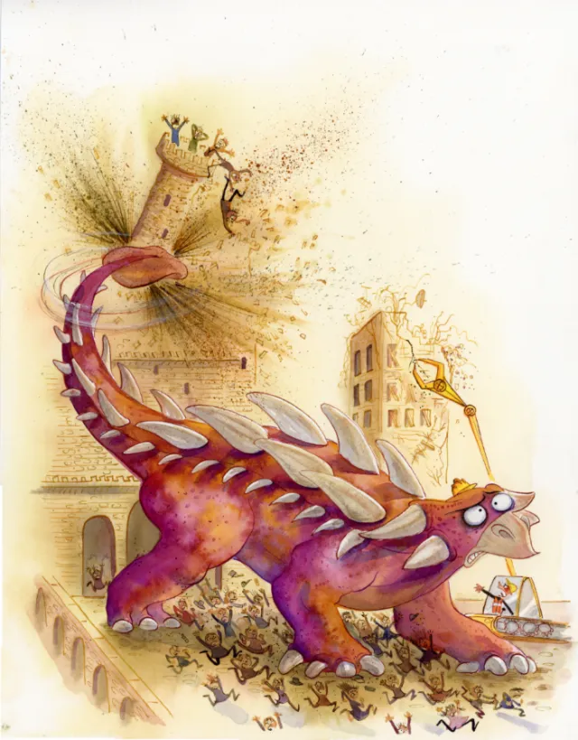 Purple stegosaurus rampaging through city streets with fleeing people by Agnès Ernoult