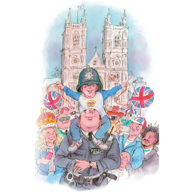 Cartoon of London police officer with child on shoulders and crowd, by John Holder