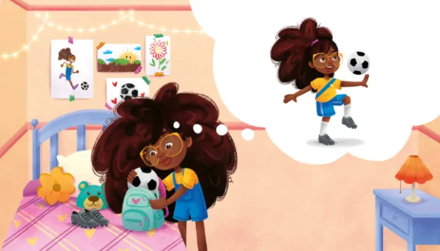 Illustration of a girl imagining playing soccer in her bedroom by Lhaiza Morena