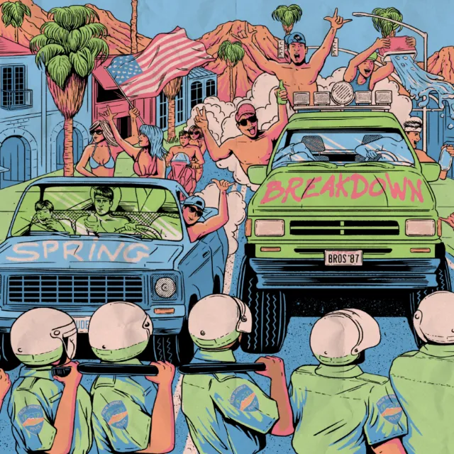 Colorful rally scene with cars and crowd, artwork by Cat Sims