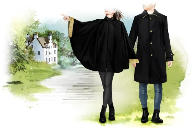 Couple in black coats holding hands beside a path and house by Natalia Sanabria