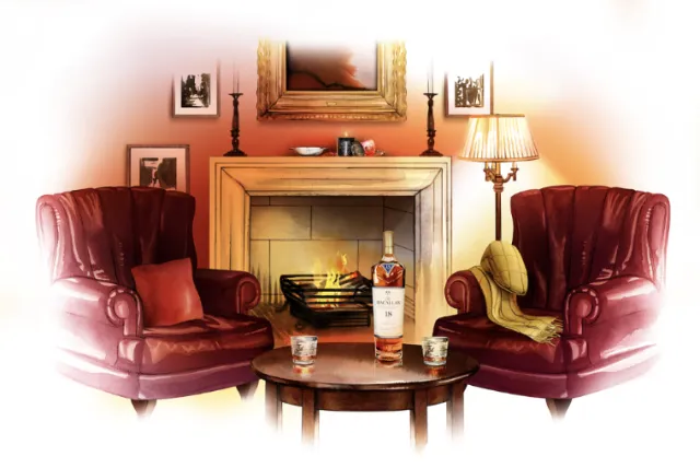 Bottle of Macallan Whisky on a table between two leather chairs by fireplace by Natalia Sanabria