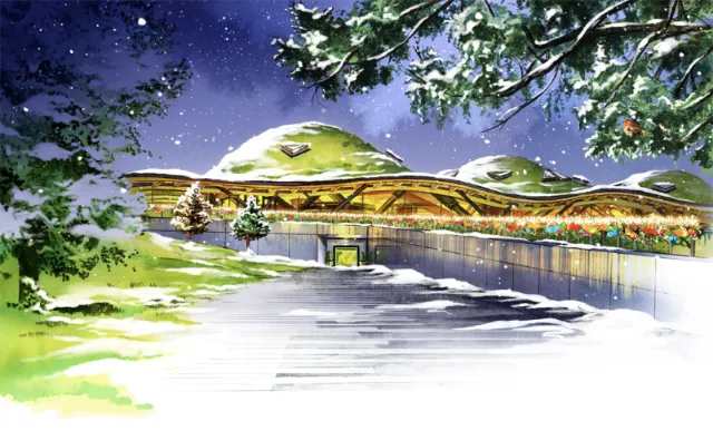 Winter landscape with snowy ground and dome buildings by Natalia Sanabria