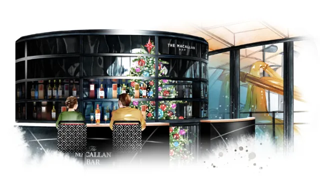 Bar interior with Christmas tree and two people seated by the counter by Natalia Sanabria