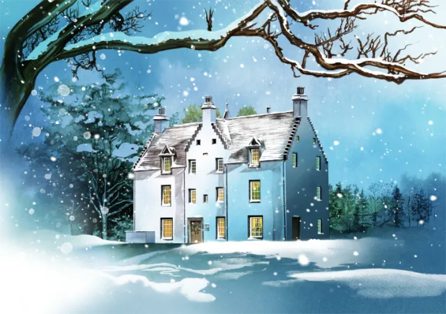 Snow-covered cottage with glowing windows and snowflakes falling, artwork by Natalia Sanabria