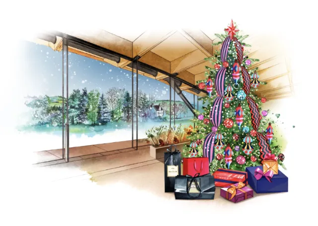 Christmas tree with wrapped gifts by snowy window by Natalia Sanabria