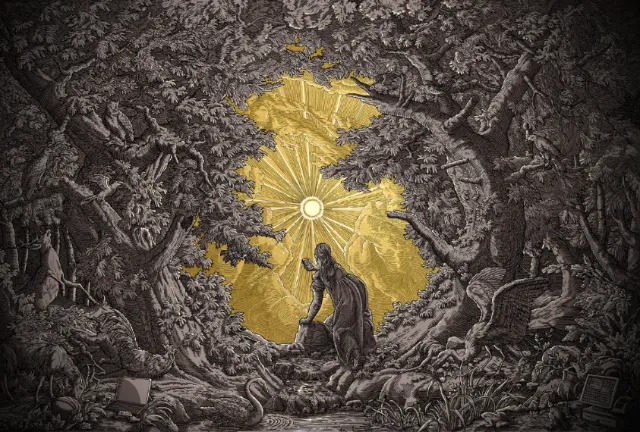 Figure kneeling in illuminated forest clearing, dark trees surrounding, by Studio Duco