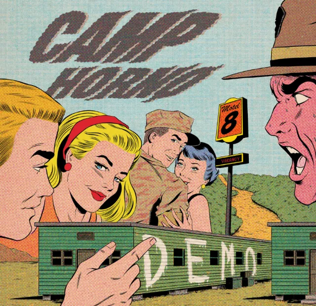 Camp Horno scene with military personnel and a woman inside a trailer by Joseph McDermott