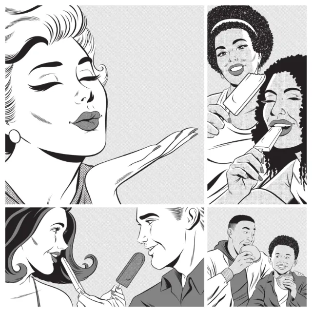 Black and white illustration of diverse people eating ice cream popsicles by Joseph McDermott