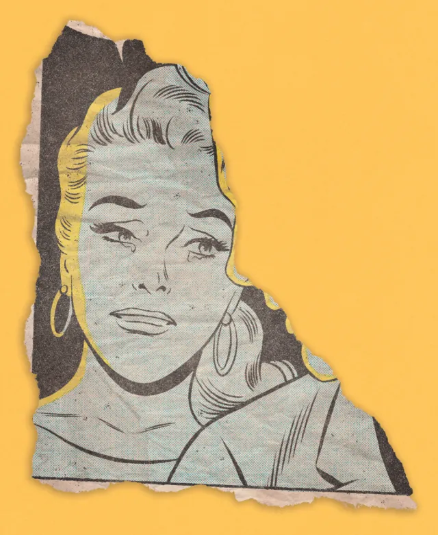 Torn comic book page of a woman with earrings by Joseph McDermott