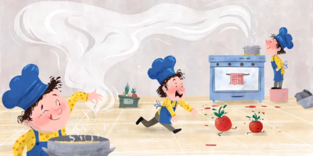 Three cartoon chefs baking and cooking in a kitchen by Dalia Awad